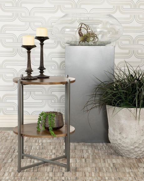 Axel round accent table with open shelf, natural mango wood top, gray gunmetal frame front view