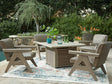 Cliff Beige Trails outdoor fire pit table and 4 beige resin wicker chairs front view