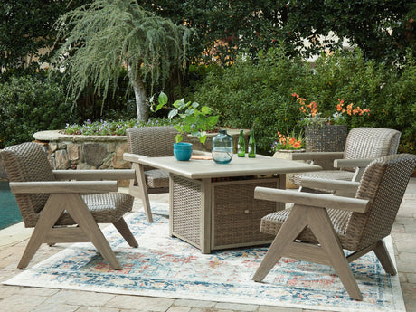 Cliff Beige Trails outdoor fire pit table and 4 beige resin wicker chairs front view