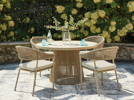 Orchard Beige Beach outdoor dining table and 4 chairs set, front view