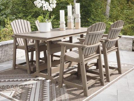 Seacliff medium brown outdoor counter height dining table with 4 barstools - front view