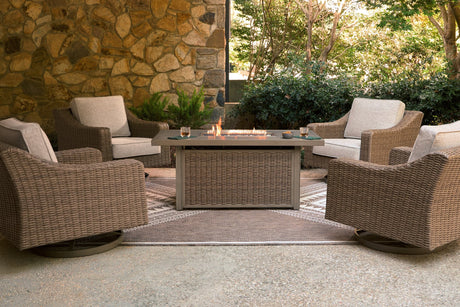 Front view of Laguna Beige Heights Outdoor Fire Pit Table with 4 beige chairs
