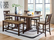 Rylandeen light brown and dark brown two-tone counter height dining table with bench and 4 barstools front view