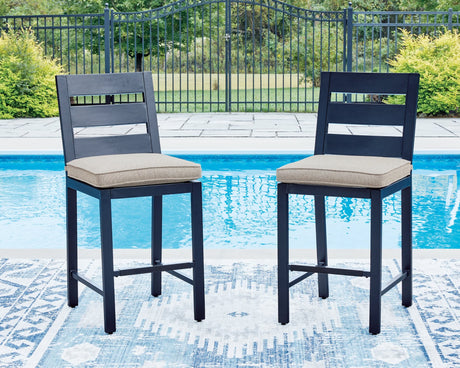 East Navy Blue and Driftwood Fire Pit Bar Table with Four Barstools, front view