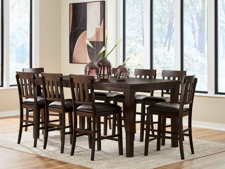 Haddigan dark brown counter height dining table with 8 matching barstools