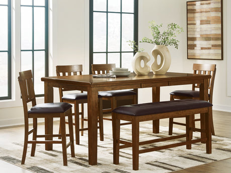 Ralene medium brown rustic counter height dining table with four barstools and bench - front view