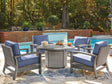 Half Gray Moon Beach Outdoor Fire Pit Table and 4 Chairs dining set front angle