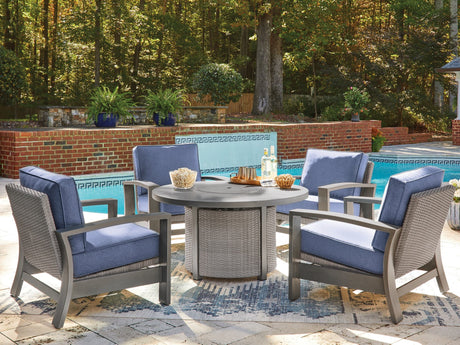 Half Gray Moon Beach Outdoor Fire Pit Table and 4 Chairs dining set front angle