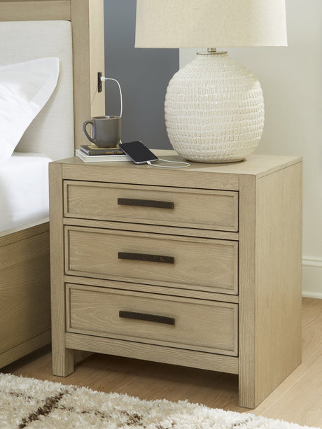Calmoro Gray Finish Nightstand front angle closed drawers