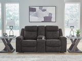 Brysonview charcoal faux leather reclining loveseat with console front view