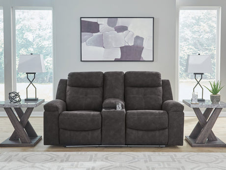 Brysonview charcoal faux leather reclining loveseat with console front view