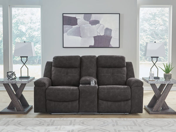 Brysonview charcoal faux leather reclining loveseat with console front view