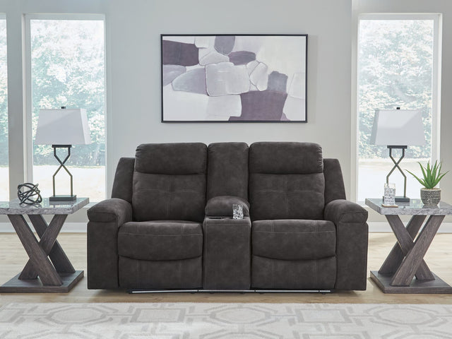 Brysonview charcoal faux leather reclining loveseat with console front view