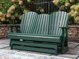 Shell Beach Green Outdoor Loveseat Glider front view with drop-down console up