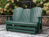 Shell Beach Green Outdoor Loveseat Glider front view with drop-down console up