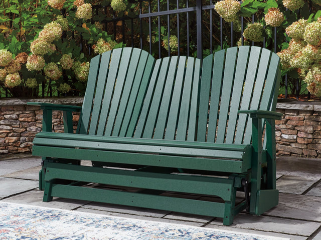 Shell Beach Green Outdoor Loveseat Glider front view with drop-down console up