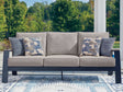 East Beach outdoor sofa navy blue with driftwood arms front angle