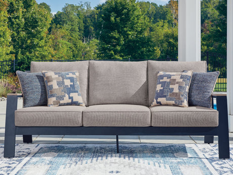 East Beach outdoor sofa navy blue with driftwood arms front angle