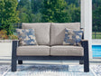 East Beach Outdoor Loveseat navy blue and driftwood finish angled view