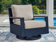 East Beach Outdoor Swivel Glider Chair in Navy Blue with Driftwood Finish, front angle