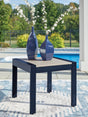 East Beach Outdoor End Table in navy blue with driftwood top, angled front view