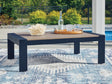 East Beach Outdoor Coffee Table front angle showing navy blue frame and driftwood top