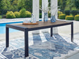East Beach Outdoor Dining Table with navy blue frame and driftwood-look top, front angle view