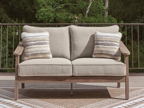 Harmony Headlands Natural Gray Outdoor Loveseat with Cushions - front angle
