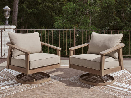 Harmony Headlands outdoor swivel lounge chair in natural gray seen from front-left angle