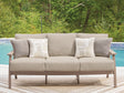 Grover Beach Driftwood outdoor sofa front angle with cushions and pillows