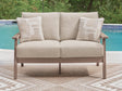Grover Beach Driftwood Outdoor Loveseat front angled view with cushions