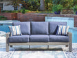 Half Moon Beach Blue-Gray Outdoor Sofa front angle with cushions
