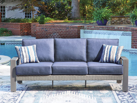 Half Moon Beach Blue-Gray Outdoor Sofa front angle with cushions