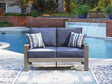 Half Moon Beach blue/gray outdoor loveseat with cushion front angle