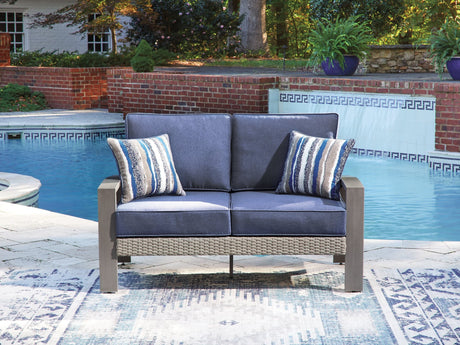 Half Moon Beach blue/gray outdoor loveseat with cushion front angle