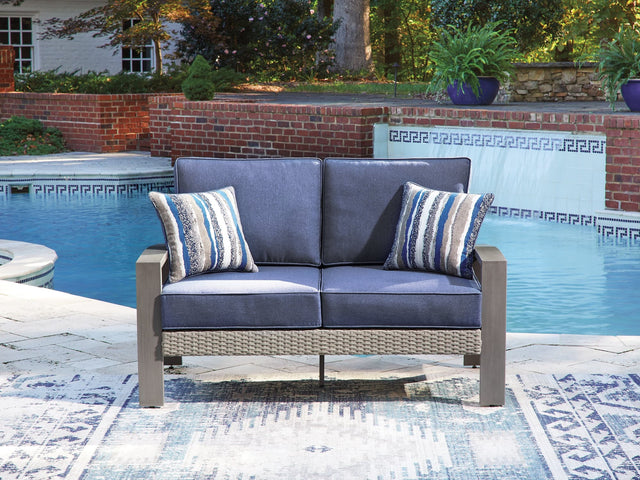 Half Moon Beach blue/gray outdoor loveseat with cushion front angle