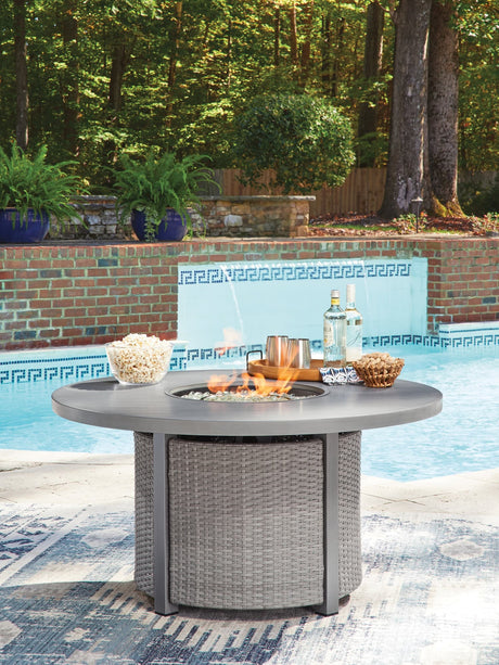 Half Moon Beach Gray Outdoor Fire Pit Table front view showcasing wicker and burner