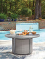 Half Moon Beach Gray Outdoor Fire Pit Table front view showcasing wicker and burner