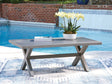 Half Moon Beach Gray Outdoor Coffee Table front angle showing wood-look tabletop and gray aluminum frame