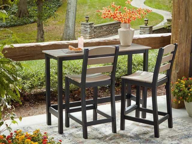 Shoreline Beach outdoor black and beige counter table and two barstools front view