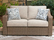 Laguna Heights Beige Outdoor Loveseat front view with cushions