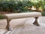 Laguna Heights beige outdoor bench with cushion front angle