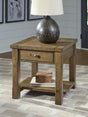 Vandenmore Medium Brown End Table front view showing drawer and shelf