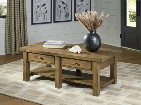 Vandenmore Medium Brown Coffee Table front view with drawers closed