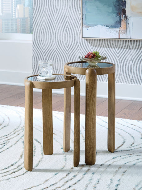 Jossor light brown mango wood accent table set of 2, front view