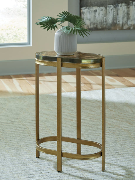 Porterville gold finish accent table angled view showing glass top and metal frame