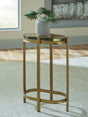 Porterville gold finish accent table angled view showing glass top and metal frame