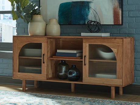 Adway Natural Brown Accent Cabinet front view showing fluted glass doors