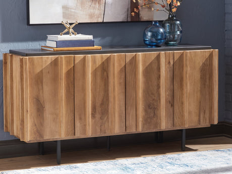 Quintavious Accent Cabinet with brown wood and charcoal top straight view