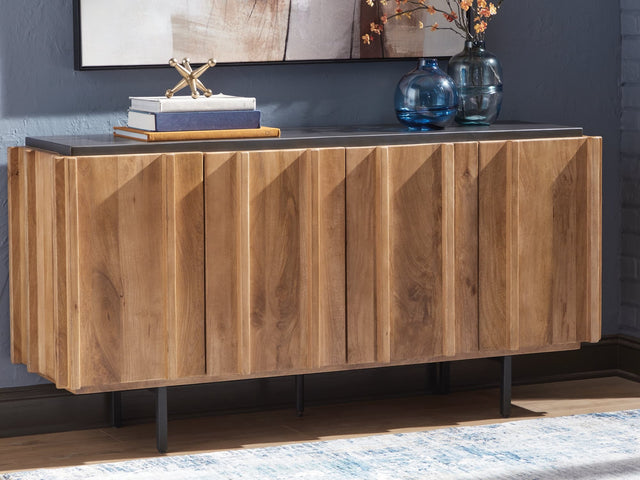 Quintavious Accent Cabinet with brown wood and charcoal top straight view